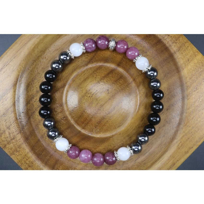 Lepidolite, Hematite, Black Tourmaline, Moonstone Bracelet (6mm Beads)/Emotional Healing, Depression, Insomnia, New Beginnings, Anxiety