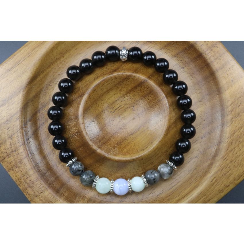 Onyx, Larvikite, Garnierite & Blue Lace Agate Bracelet (6mm Beads)/Deflects Negative Thinking, Anxiety, Strength, Protection, Spiritual