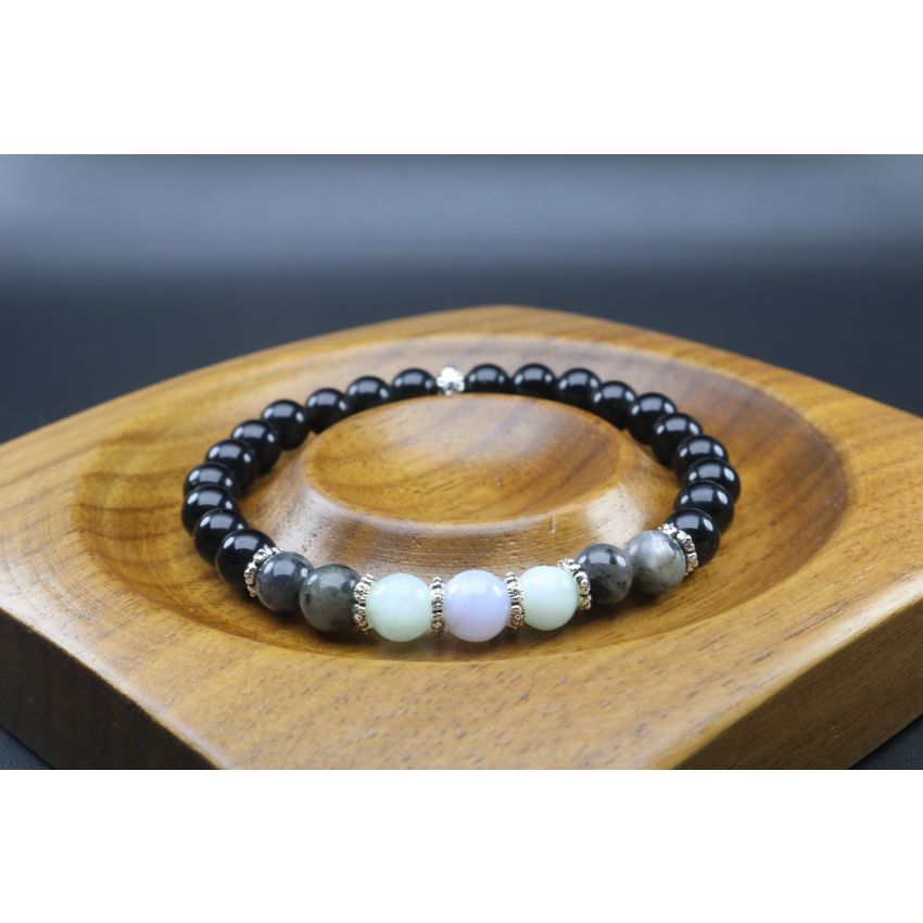Onyx, Larvikite, Garnierite & Blue Lace Agate Bracelet (6mm Beads)/Deflects Negative Thinking, Anxiety, Strength, Protection, Spiritual
