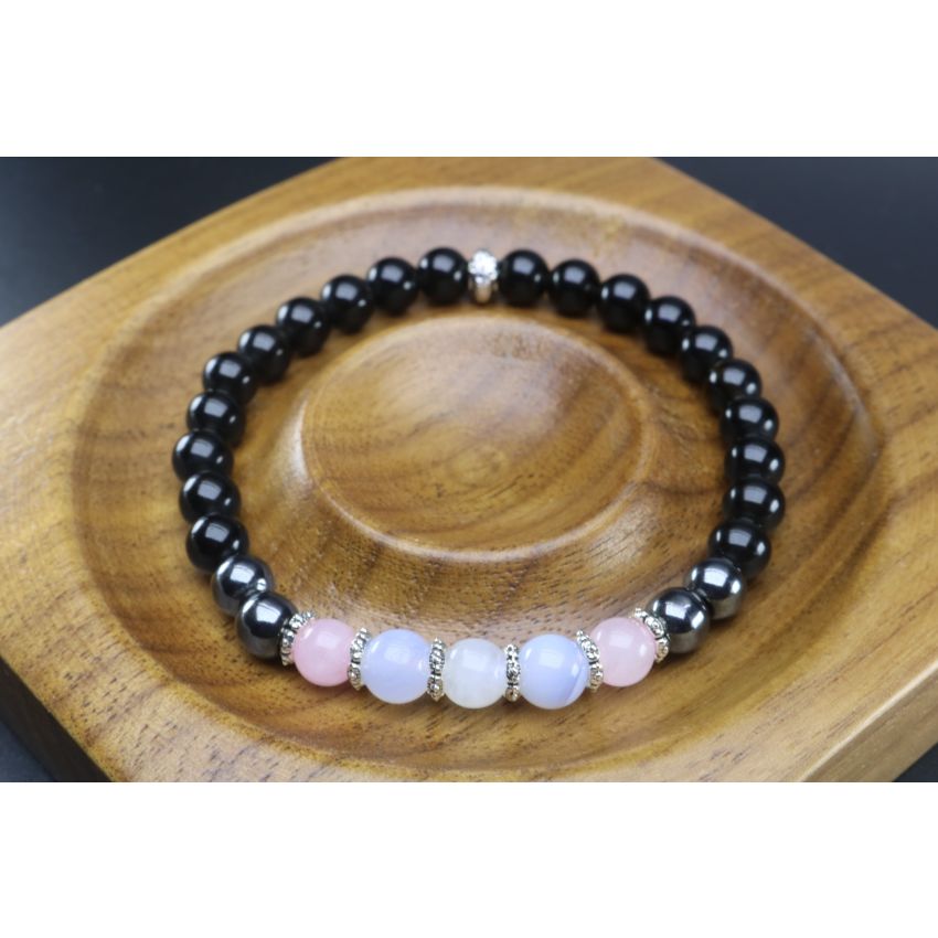 Black Tourmaline, Hematite, Rose Quartz, Moonstone, Blue Lace Agate Bracelet (6mm Beads)/Protection, Strength, Calming, Positive Energy