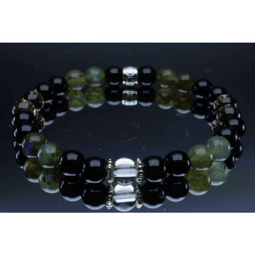 Elastic/Stretch Bracelet with Natural 6mm Black Tourmaline, Black Onyx, Obsidian, Smoky Quartz, Labradorite & Clear Quartz with or without Metal Spacers