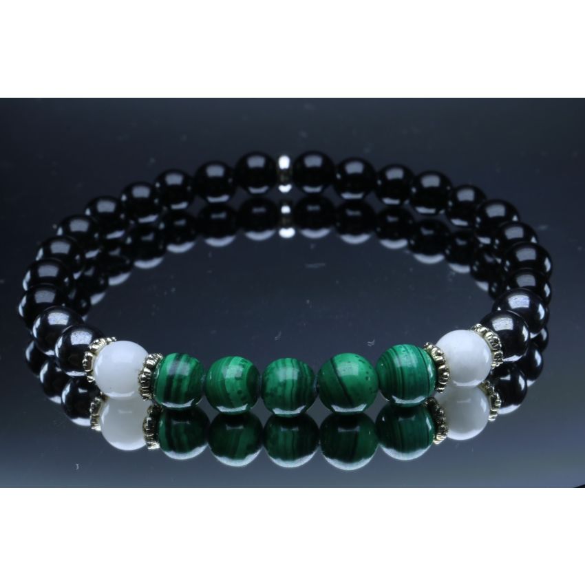 Malachite, Moonstone, Hematite & Black Tourmaline Bracelet (6mm Beads)/Powerful Protection, Emotional Balance, Heart Chakra, Well-Being