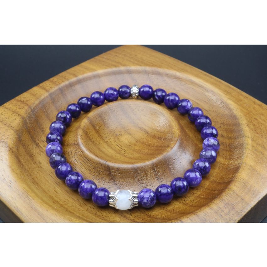 Charoite & Moonstone Bracelet (6mm Beads)/Spiritual, Overcome Fear, Reduce Stress, Negativity, Stress, Obsessions