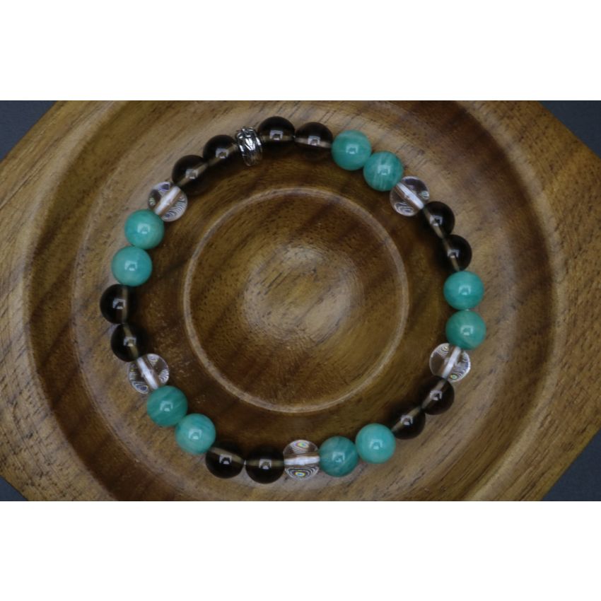 Amazonite, Smoky Quartz & Clear Quartz Bracelet (6mm Beads)/Anxiety, Depression, Empath Protection, Positive Energy, Inner Peace