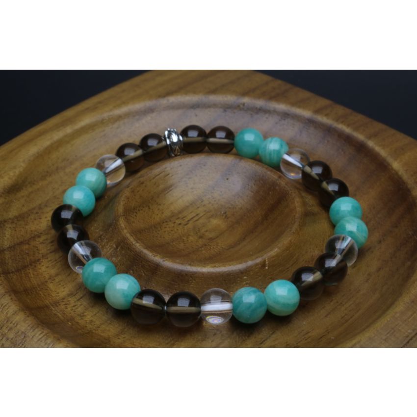 Amazonite, Smoky Quartz & Clear Quartz Bracelet (6mm Beads)/Anxiety, Depression, Empath Protection, Positive Energy, Inner Peace