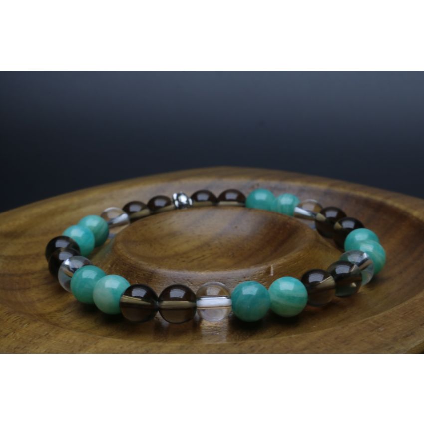Amazonite, Smoky Quartz & Clear Quartz Bracelet (6mm Beads)/Anxiety, Depression, Empath Protection, Positive Energy, Inner Peace