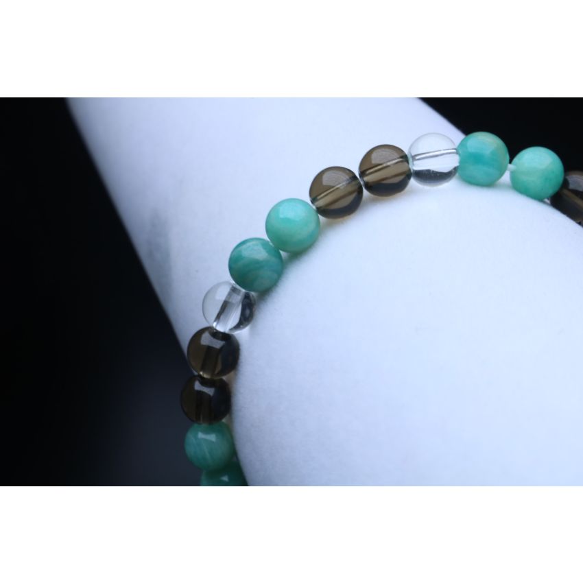 Amazonite, Smoky Quartz & Clear Quartz Bracelet (6mm Beads)/Anxiety, Depression, Empath Protection, Positive Energy, Inner Peace