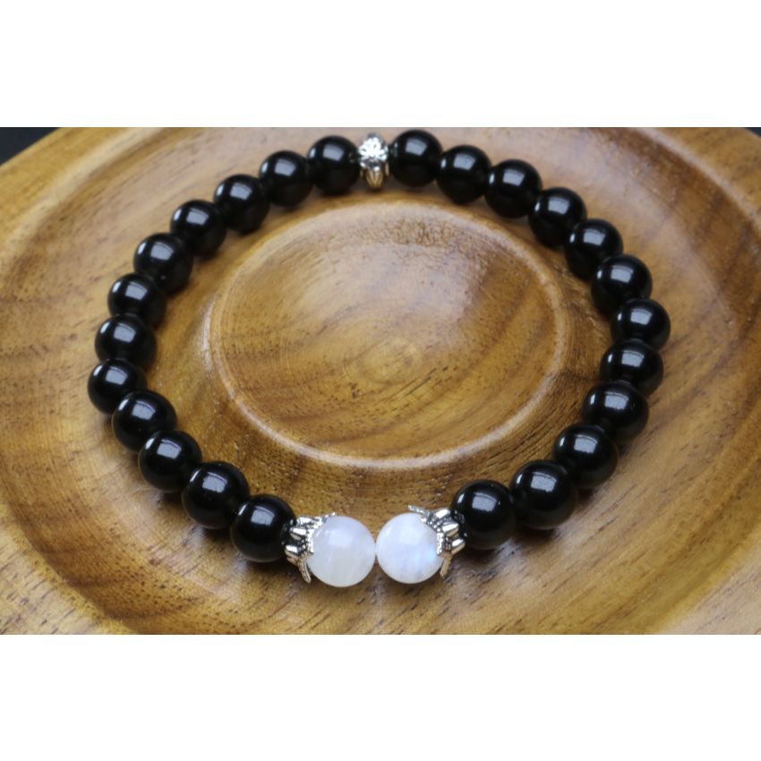 Black Tourmaline & Moonstone Bracelet (6mm Beads)/Protection, Positive Energy, New Beginnings, Calming
