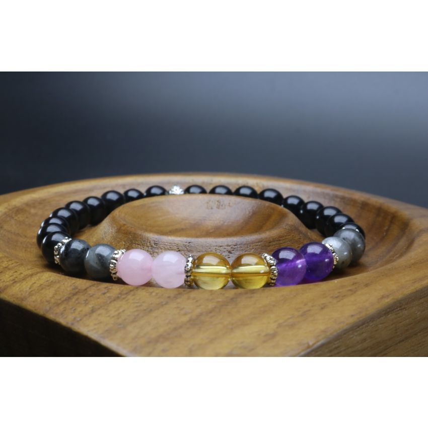 Empath Bracelet with Black Tourmaline, Black Labradorite, Amethyst, Citrine & Rose Quartz (6mm Beads)