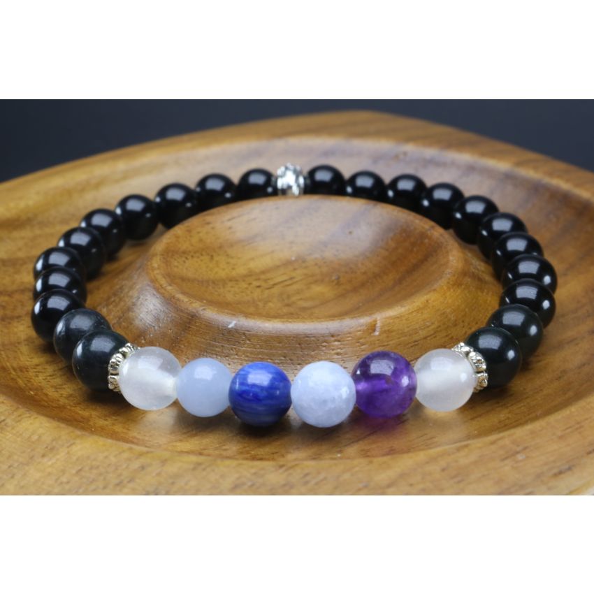 Spiritual Protection Communication Bracelet with Black Tourmaline, Jet, Kyanite, Selenite, Angelite, Celestite & Amethyst (6mm Beads)