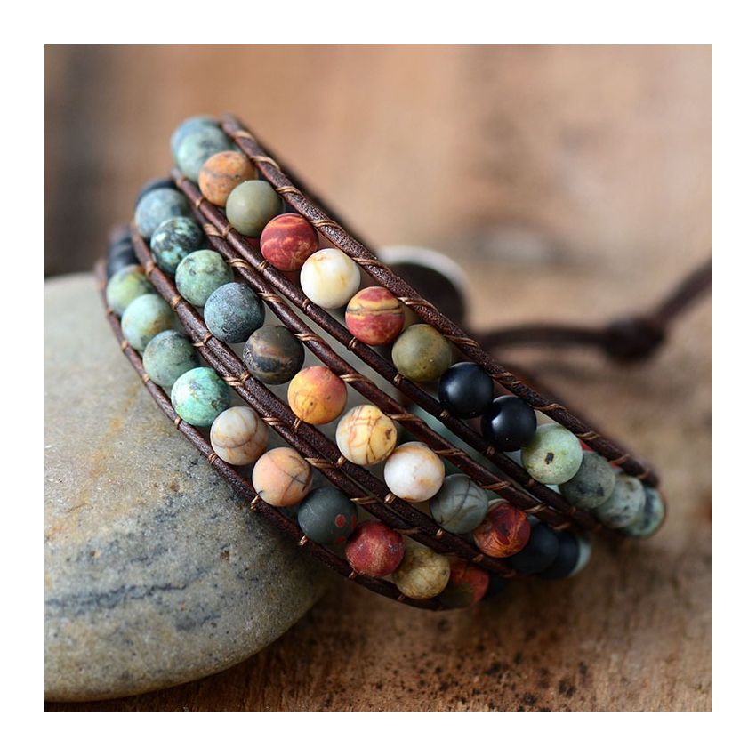 Natural Matte Stone Leather Wrap Bracelet-Inner Peace Balance Meditation Spiritual Inspiration Energy Protection Bracelet-Mental Health Gift