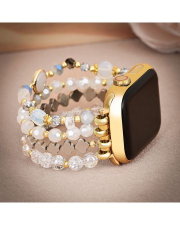 White Crystal Glow Beaded Apple Watch Band with Clover Charms