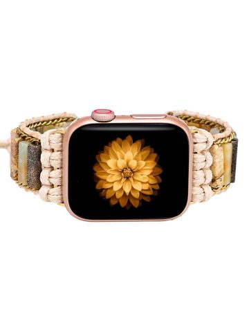 Boho Braided Apple Watch Band – Picture Stone & Amazonite Beaded iWatch Strap, Handmade Adjustable Bracelet for Apple Watch Series 9 8 7 6 5 4 3 SE