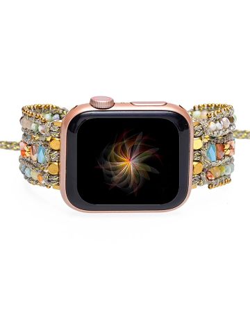 Handmade Boho Gemstone Apple Watch Straps – Rose Quartz, Shoushan Stone & Emperor Stone Wrap Bands for Series 4–9, SE (38–45mm)