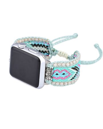 Aqua Serenity Boho Apple Watch Band – Handmade Glass Bead & Nylon Bracelet Strap for 38/40/41/42/44/45mm – Adjustable iWatch Band