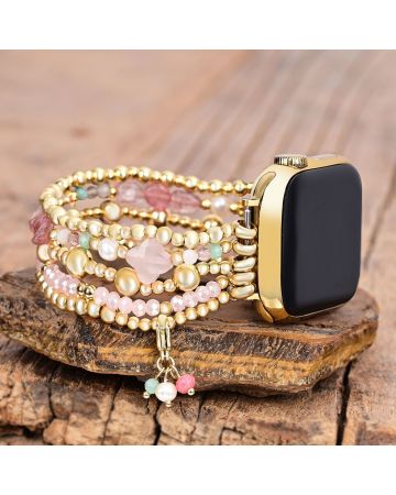 Gold Bead Rose Quartz Clover Stone Watch Band