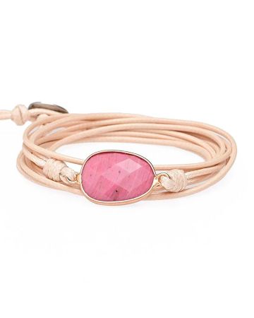 Waxed Cord Wrap Bracelet with Rhodonite Charm — Gentle Love, Pastel Boho Style