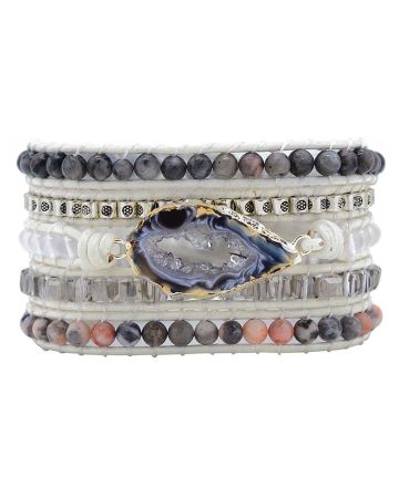 White Labradorite Wrap Bracelet – Handmade White Leather Healing Crystal Bracelet with Zebra Jasper Druzy