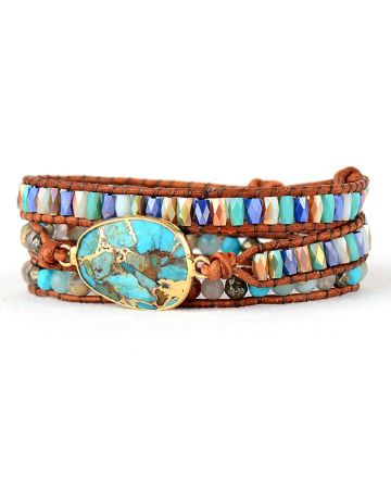 Natural Turquoise & Jasper Wrap Bracelet – Handmade Leather Healing Gemstone Jewelry