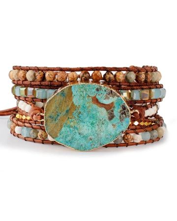 Handmade Natural Ocean Jasper Leather Wrap Bracelet – 5-Layer Chakra Healing Jewelry