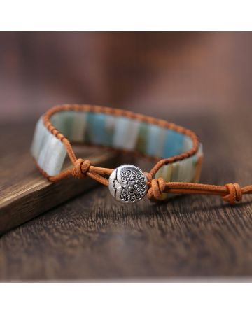 Natural Amazonite Stone & Leather Tree of Life Bracelet