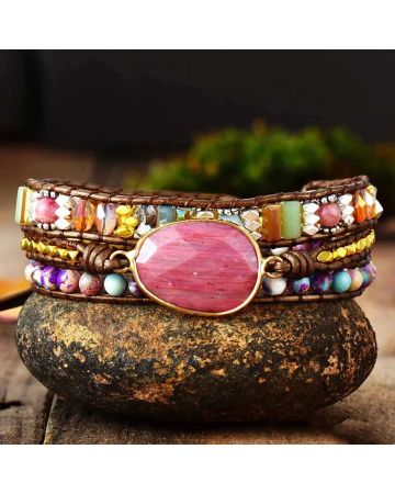 Natural Rhodonite & Jasper Wrap Bracelet