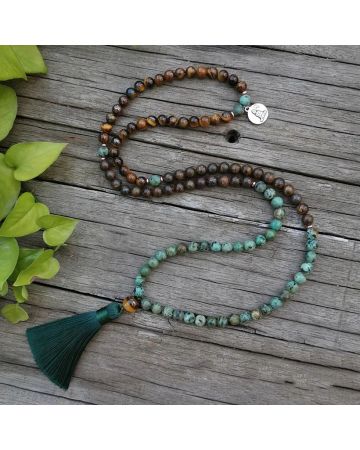 108 Natural Tiger Eye, Bronzite & African Turquoise Mala Beads