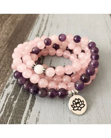 108 Bead Amethyst & Rose Quartz Mala Bracelet – with Spiritual Charm
