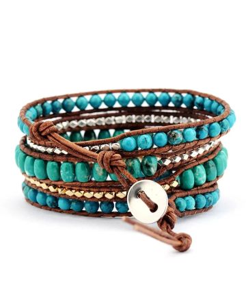 Turquoise 5-Layer Leather Wrap Gemstone Bracelet