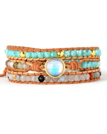 Clear Quartz, Agate & Opal Rhinestone Leather Wrap Bracelet
