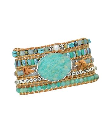 Amazonite 5-Layer Leather Wrap Gemstone Bracelet