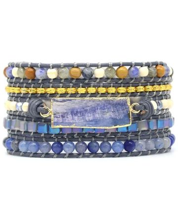 Blue Topaz & Healing Gemstone 5-Layer Leather Wrap Bracelet