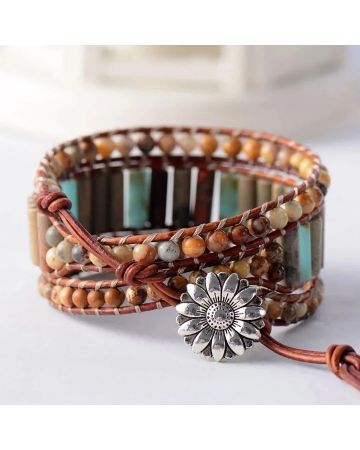 Natural Jasper & Sunflower Charm Leather Wrap Bracelet