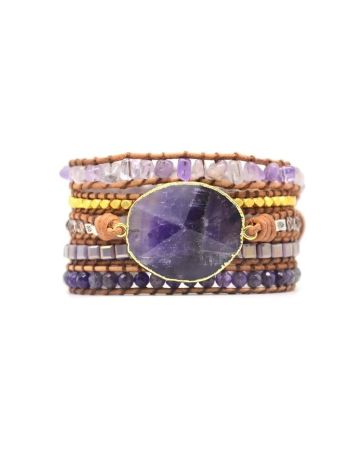 Natural Amethyst 5-Layer Leather Wrap Bracelet