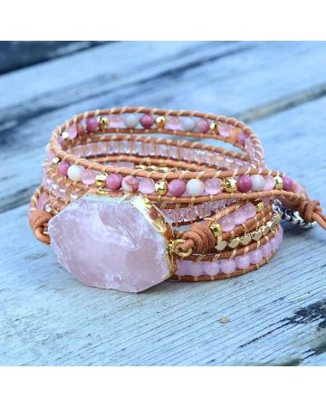 Rose Quartz & Rhodonite Heart Chakra Leather Wrap Bracelet