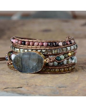 Labradorite, Rhodochrosite & Moss Agate 5-Layer Chakra Wrap Bracelet