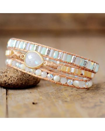 Moonstone & Rainbow Beads 3-Layer Vegan Wrap Bracelet