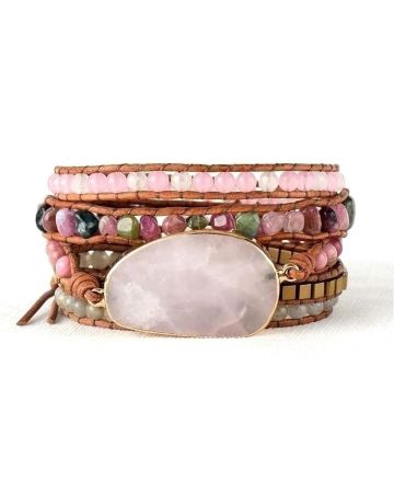 Rose Quartz, Rhodonite & Pink Tourmaline 5-Layer Wrap Bracelet