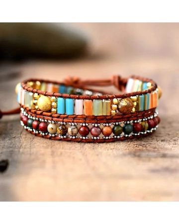 Jasper & Crystal Boho Leather Wrap Bracelet