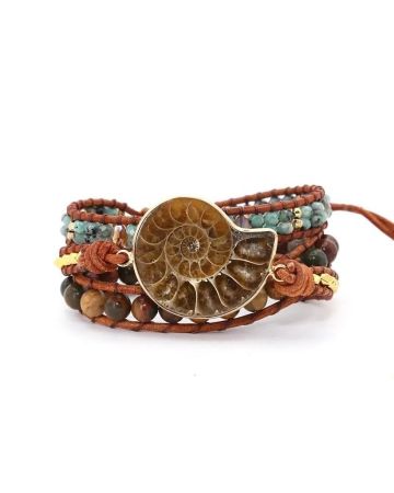 African Turquoise, Jasper & Ammonite Leather Wrap Bracelet