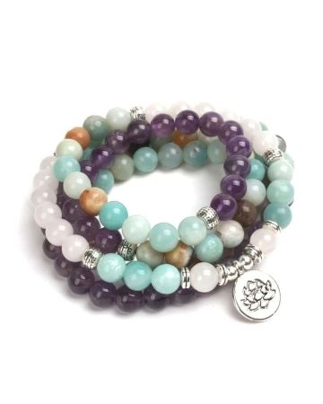 108 Bead Mala Bracelet – Amazonite, Rose Quartz & Amethyst