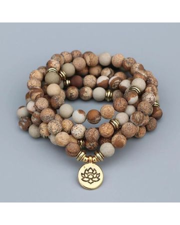 108 Natural Matte Picture Jasper Mala Bead Bracelet – Meditation Necklace with Lotus, Buddha or Ohm Charm