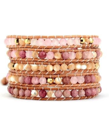 Natural Rose Quartz, Yellow Onyx & Rhodonite Leather Wrap Bracelet – 5 Layer Adjustable