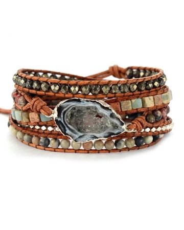 Handmade Jasper & Agate Druzy Leather Wrap Bracelet – 5 Layer Adjustable Gemstone Jewelry