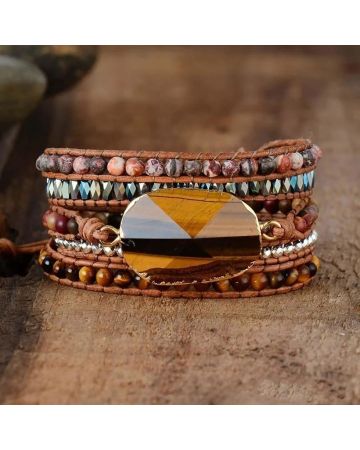 Natural Tiger Eye & Jasper Beaded Wrap Bracelet – 5 Layer Adjustable Healing Jewelry