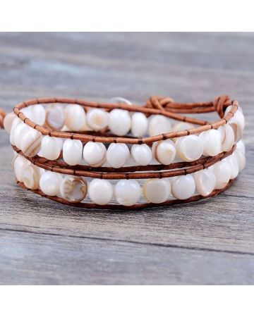 Natural Shell Beads Leather Two Layer Bracelet – Handmade Boho Adjustable Jewelry
