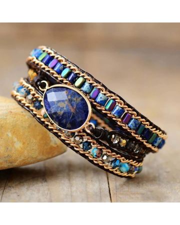 Natural Blue Sodalite & Jasper Wrap Bracelet – Handmade Leather Healing Jewelry
