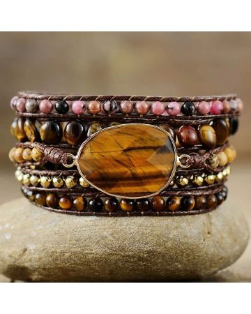 Natural Tiger Eye & Rhodonite Wrap Bracelet – 5 Layer Handmade Gemstone Jewelry