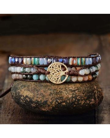 Natural Mixed Gemstones Wrap Bracelet with Tree of Life Charm – Handmade Adjustable Jewelry