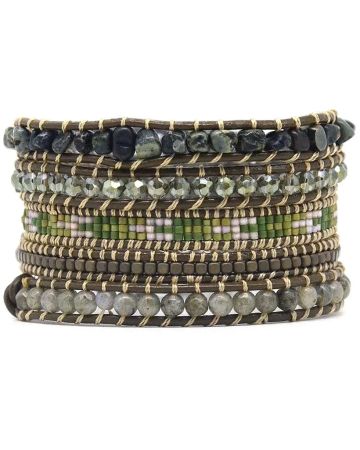Handmade Green Agate & Labradorite Leather Wrap Bracelet – 5 Layer Healing Gemstone Jewelry